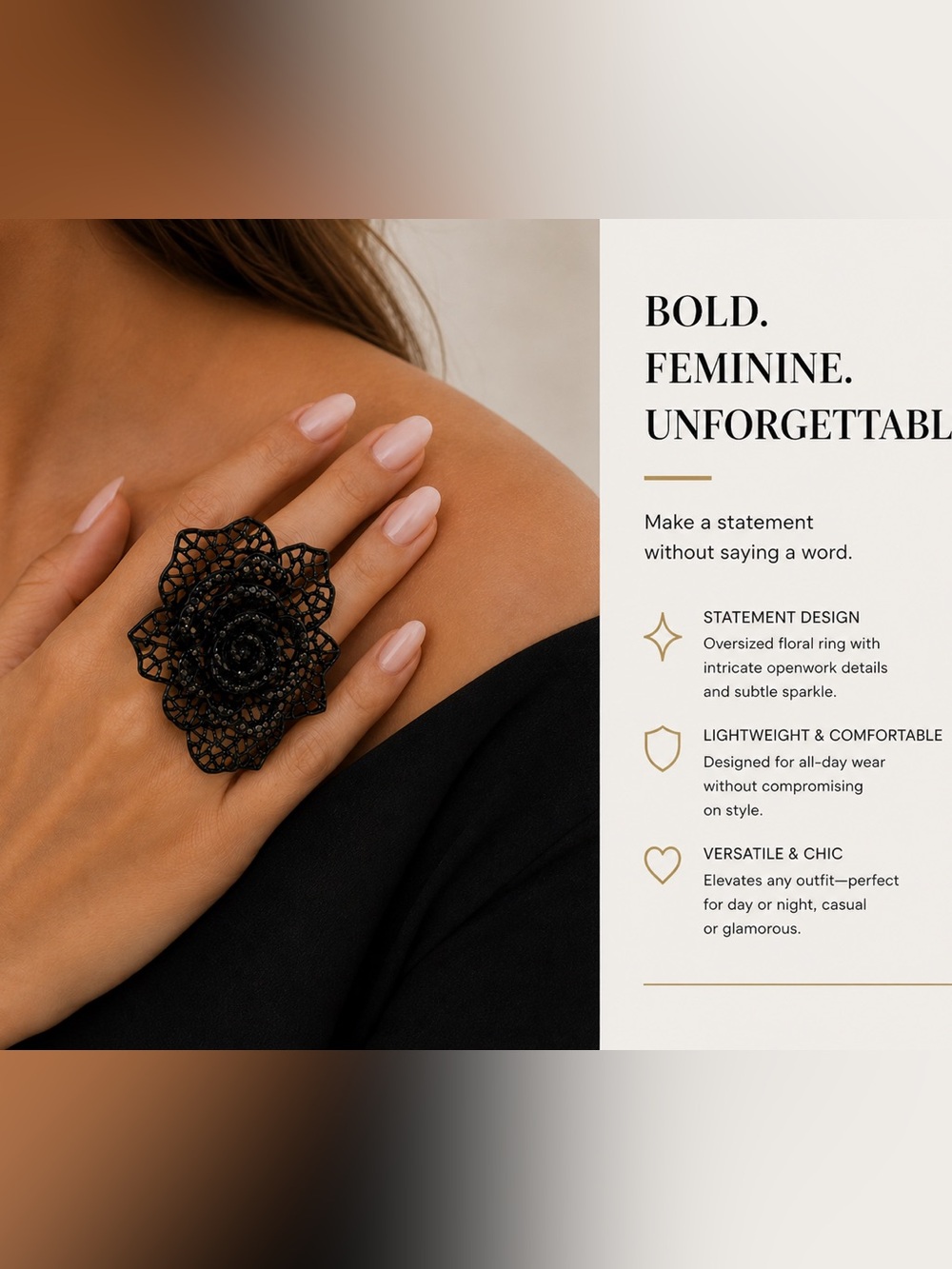 Oversized Black Floral Statement Ring | Lace Cutout Cocktail Ring Adjustable